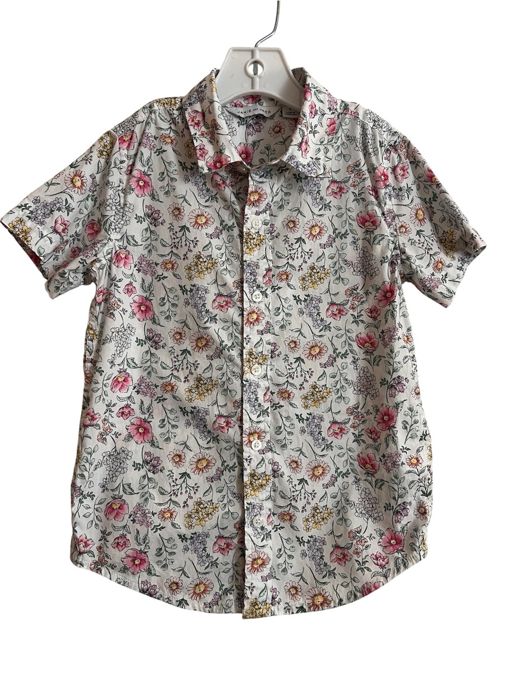Janie & JaShort-Sleeve Floral Button-Up Shirt - White with Pink & Yellow Flowers